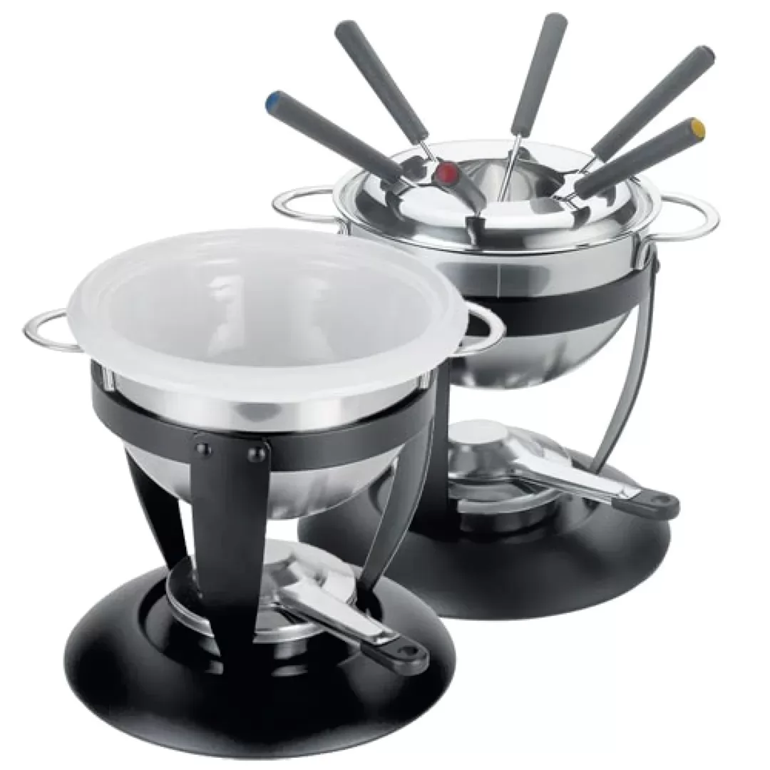 Jogo de fondue em aço inox e cerâmica 