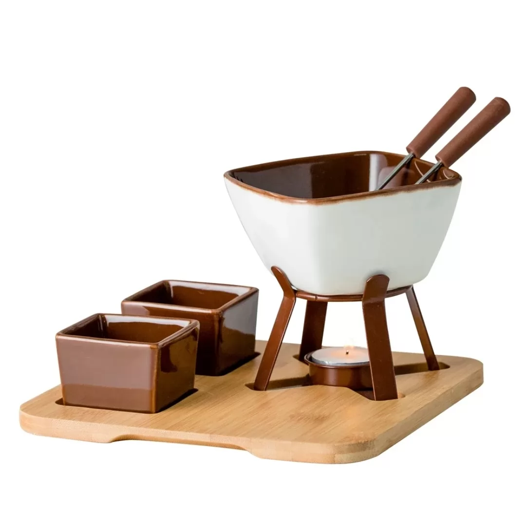 Aparelho de fondue em cerâmica com base em bambu 8 peças