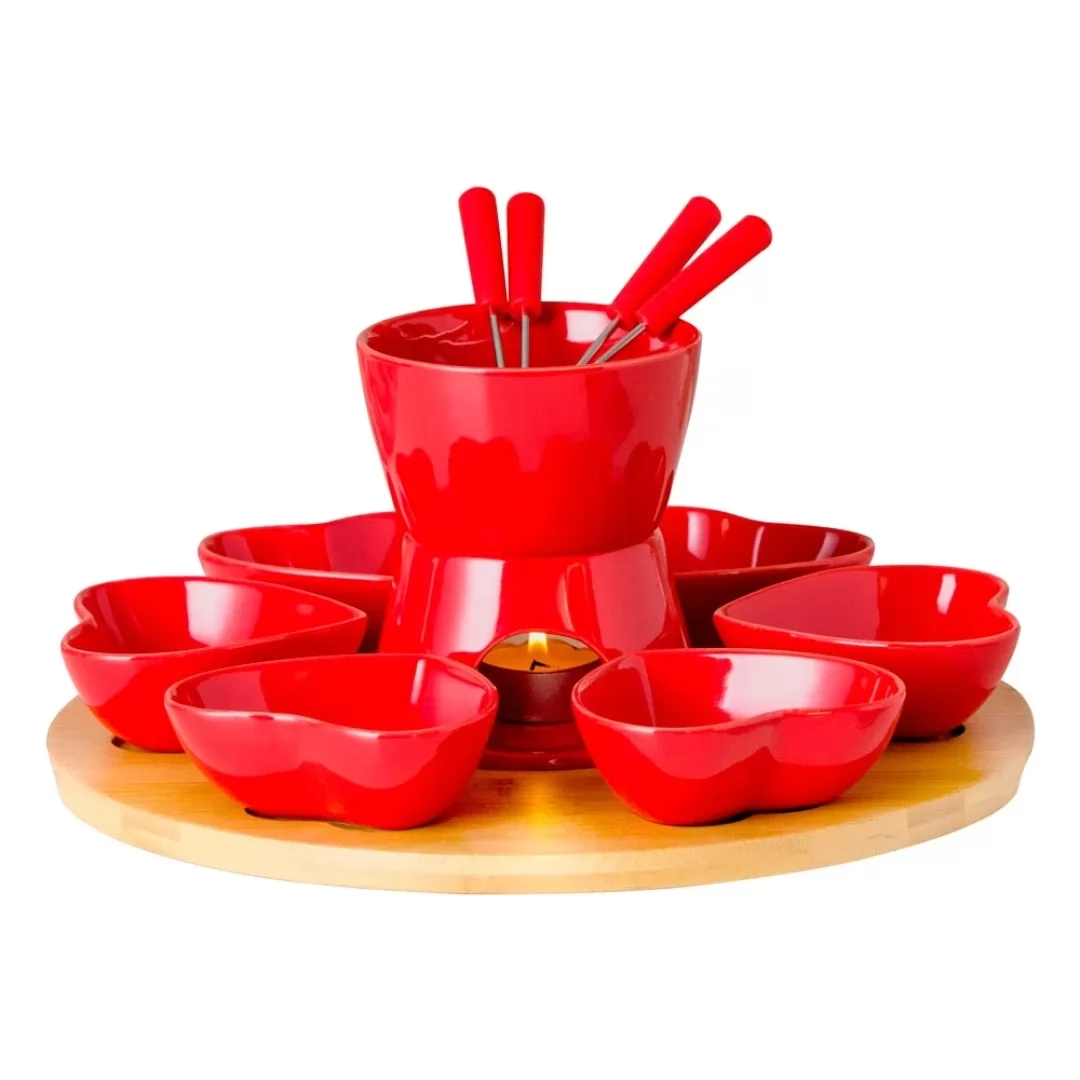 Aparelho de fondue para chocolate em cerâmica com base em bambu 14 peças